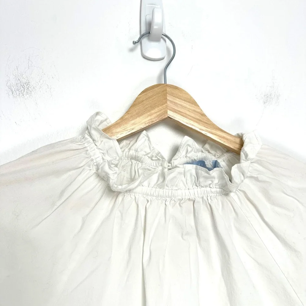 Hill House The Kit Top Puff Sleeve Ruffle Neck Blouse‎ Cotton White XS